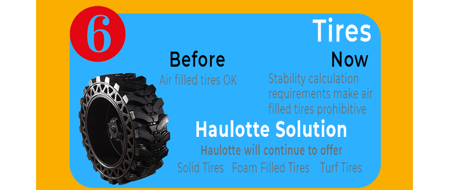 Tires. Stability requirements for tires mean air-filled tires will be challenging. Haulotte will continue to provide Solid Tires, Foam filled tires, Non-marking tires, turf tires